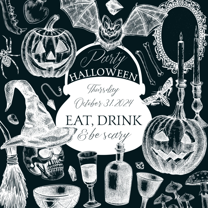 Vintage Halloween frame design on chalkboard. Hand-drawn vector illustration. Skull, bones, pumpkin, poisons, cauldron sketch. Witch party invitation, poster, card. Not AI generated